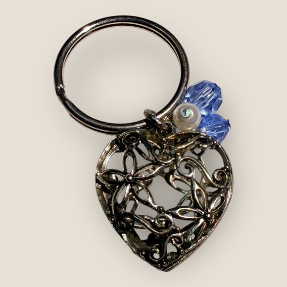 Floral Filigree Heart Keychain Keyring Silver-tone Blue White Beads - Picture 3 of 3